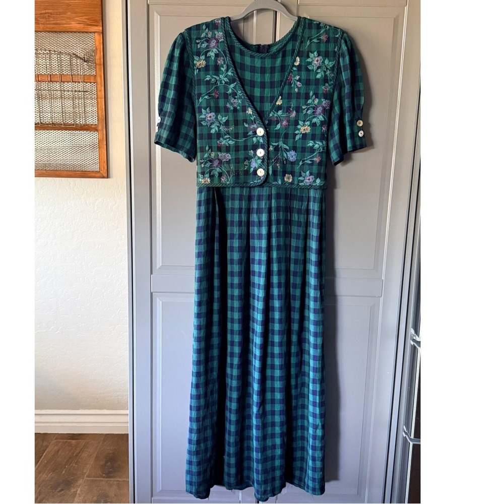 JBS Ltd. VTG Cottagecore Floral Gingham Embroidered Vest Maxi Dress,Green Blue,M